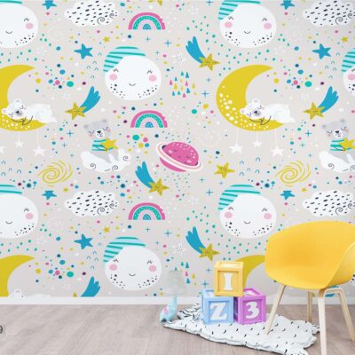 ALIPRINT papier peint décoratif mural algerie Tableau décoratif mural pour chambre d'enfant en Algérie. Papier peint avec lune, étoiles, oursons. Décoration murale enfantine originale et tendance. Idéal pour une chambre bébé. papier peint décoratif mural algerie