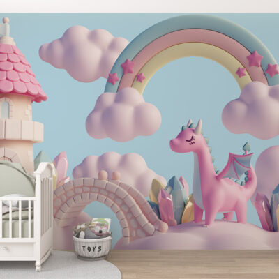 ALIPRINT papier peint décoratif mural algerie Tableau décoratif mural pour chambre d'enfant en Algérie. Papier peint avec château, dragon, arc-en-ciel et nuages pastel. Idéal pour une décoration murale féérique et unique. papier peint décoratif mural algerie