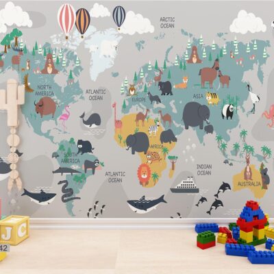 ALIPRINT papier peint décoratif mural algerie Tableau décoratif mural Algérie chambre enfant. Papier peint carte du monde animaux. Décoration murale chambre bébé ludique, design moderne et coloré. papier peint décoratif mural algerie