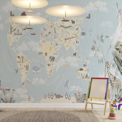 ALIPRINT tableau et papier peint décoratif mural algerie Tableau décoratif mural Algérie avec carte du monde enfantine. Papier peint design pour chambre d'enfant. Décor mural unique et original pour une ambiance ludique. tableau et papier peint décoratif mural algerie