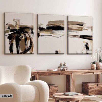 aliprint Tableau décoratif en Algérie, trois œuvres abstraites sur un mur, ajoutant une touche moderne à l'intérieur.