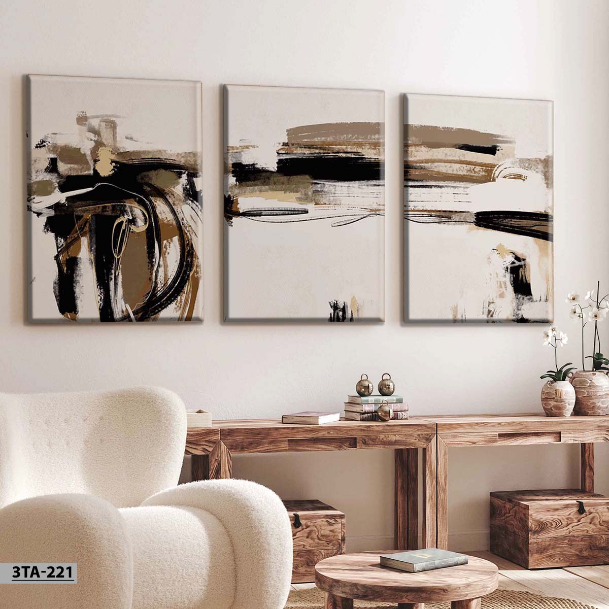 aliprint Tableau décoratif en Algérie, trois œuvres abstraites sur un mur, ajoutant une touche moderne à l'intérieur.