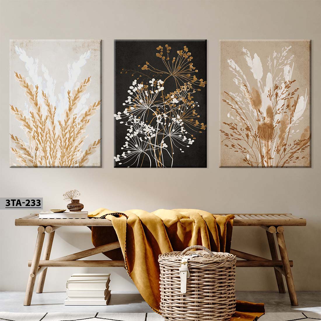 aliprint Tableau décoratif en Algérie avec des motifs floraux modernes sur un mur beige, ajoutant une touche d'élégance à l'intérieur.